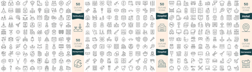 Fototapeta na wymiar 300 thin line icons bundle. In this set include homeware, honeymoon, horticulture, hospital, hotel