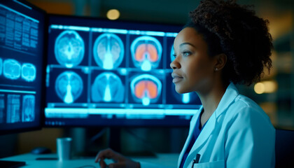 Female neurosurgeon analyzing brain computed tomography on a monitor in a hospital