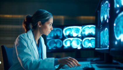 Female Neurosurgeon focused on analyzing brain diagnostic tests on a monitor in a hospital - obrazy, fototapety, plakaty
