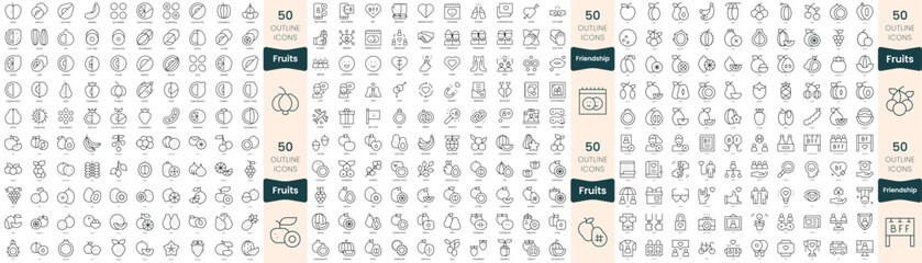 300 thin line icons bundle. In this set include friendship, fruits