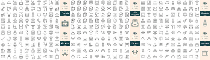 300 thin line icons bundle. In this set include file and document, films genre, fine arts, fitness