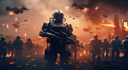 Soldier special forces in helmet with weapons in their hands on a futuristic fire background. Military concept of the future. Science fiction soldiers. Generative AI. High quality illustration. © Infusorian
