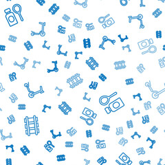 Fototapeta premium Set line Toy railway, Soap bubbles bottle and Roller scooter on seamless pattern. Vector