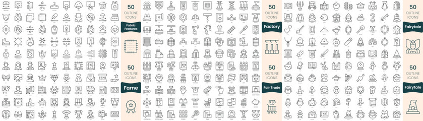 300 thin line icons bundle. In this set include fabric features, factory, fair trade, fairytale, fame