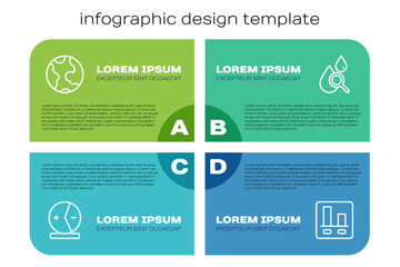Set line Atom, Earth globe, Graph chart infographic and Drop and magnifying glass. Business infographic template. Vector