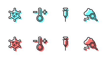 Set line Syringe, Virus, Thermometer and Cloud with rain icon. Vector