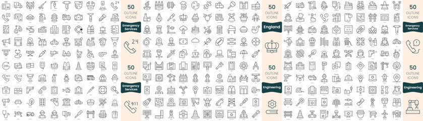 300 thin line icons bundle. In this set include emergency services, engineering, england
