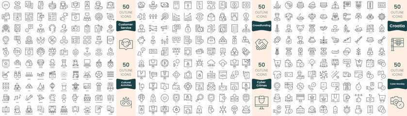 300 thin line icons bundle. In this set include croatia, crowdfunding, cultural activities, customer service, cyber crimes, cyber monday