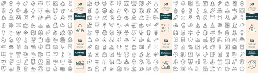 Fototapeta na wymiar 300 thin line icons bundle. In this set include christmas party, christmas, cinema, circular economy
