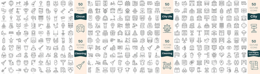 300 thin line icons bundle. In this set include circus, city life, city, civil rights movement, cleaning