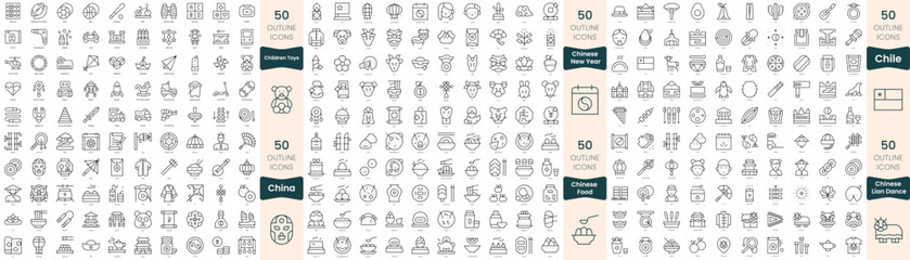 300 thin line icons bundle. In this set include children toys, chile, china, chinese food, chinese lion dance, chinese new year