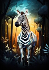 Fototapeta na wymiar Zebra animal dark wallpaper with bokeh, lights and trees in nature. Generative Ai.