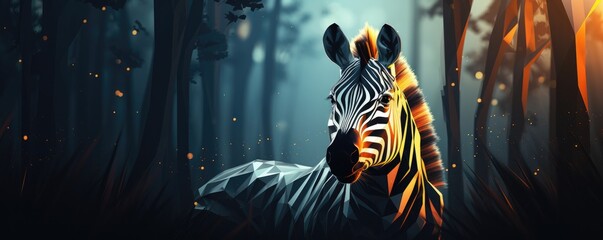 Zebra animal dark wallpaper with bokeh, lights and trees in nature. Generative Ai. - obrazy, fototapety, plakaty