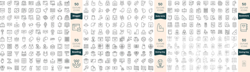 300 thin line icons bundle. In this set include blogger, body ache, bookstore, bowling, boxing day