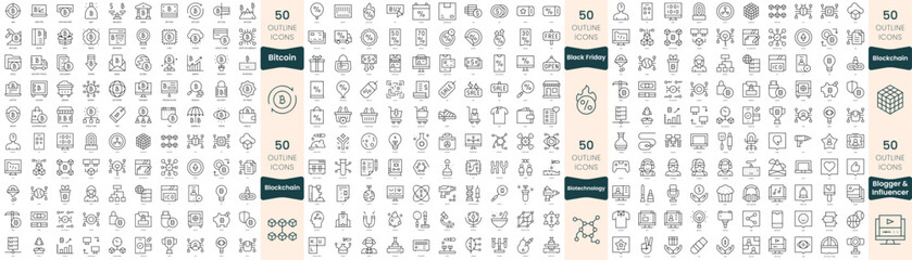 300 thin line icons bundle. In this set include biotechnology, bitcoin, black friday, blockchain, blogger and influencer