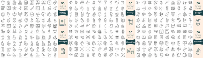 300 thin line icons bundle. In this set include beverages, biology, biometrics