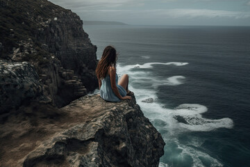 Illustration of an unknown girl in a hat sitting on a rock cliff against the background of the sea during vacation