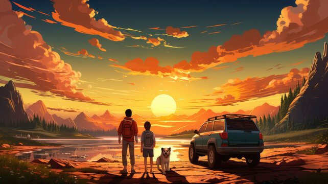 3D rendering of Summer trip vector illustration space for your text. Family with dog on vacation. 