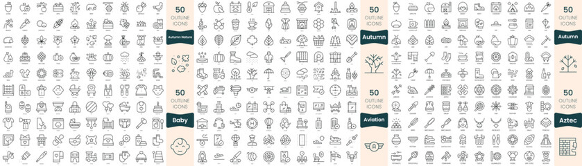 Fototapeta na wymiar 300 thin line icons bundle. In this set include autumn nature, autumn, aviation, aztec, baby