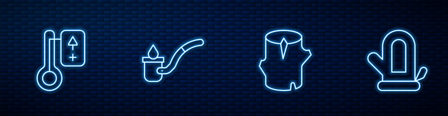 Set line Wooden log, Sauna thermometer, ladle and mitten. Glowing neon icon on brick wall. Vector