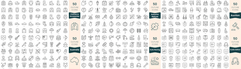 300 thin line icons bundle. In this set include auction, audio edition, australia, auto racing, autumn clothes and accesories, autumn nature