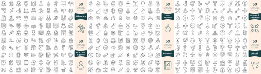 300 thin line icons bundle. In this set include arctic and antarctic, arrows and chevrons, art and craft supplies, asmr, astronomy, athletics