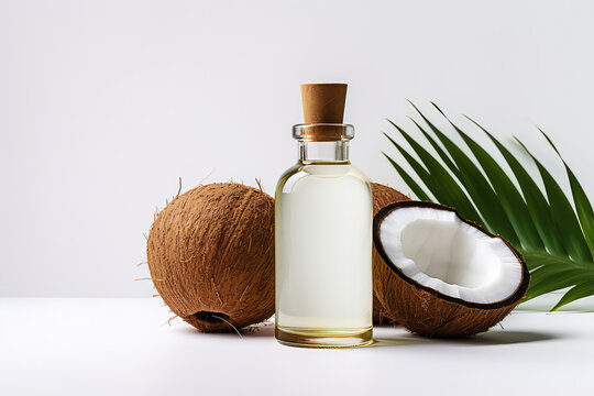 Coconut oil in a vintage glass bottle with cork lid and yummy split coconut halves with white flesh and green palm leaves on a white background with copy space. 