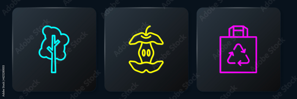 Poster set line tree, shopping bag with recycle and apple core. black square button. vector