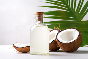 Obraz na płótnie Canvas Coconut oil in a vintage glass bottle with cork lid and yummy split coconut halves with white flesh and green palm leaves on a white background with copy space. 