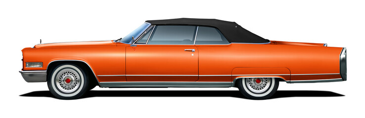 Large orange vintage American convertible. Side view with black soft top. On a transparent...