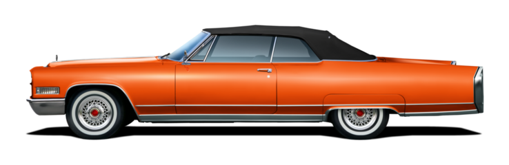 Large orange vintage American convertible. Side view with black soft top. On a transparent background in png format.
