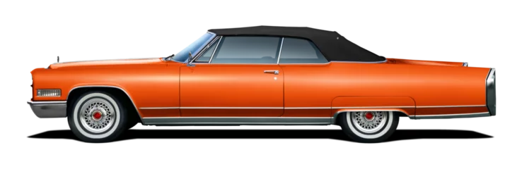 Poster Large orange vintage American convertible. Side view with black soft top. On a transparent background in png format.  © andrew7726