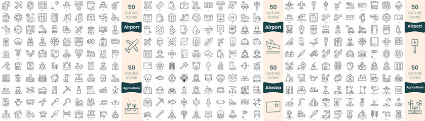 300 thin line icons bundle. In this set include agriculture, airport, alaska