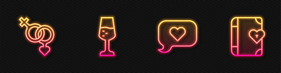 Set line Heart in speech bubble, Gender, Glass of champagne and Love diary. Glowing neon icon. Vector