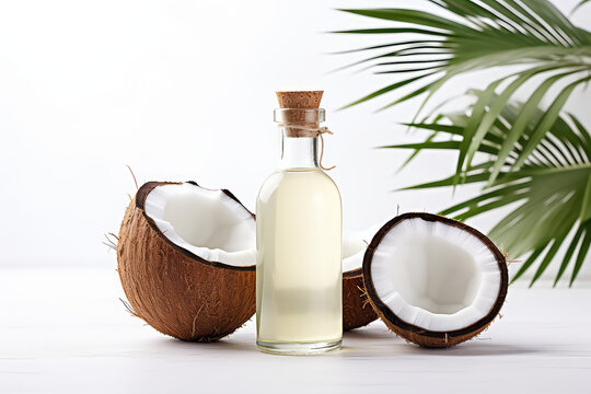 Coconut oil in a vintage glass bottle with cork lid and yummy split coconut halves with white flesh and green palm leaves on a white background with copy space. 