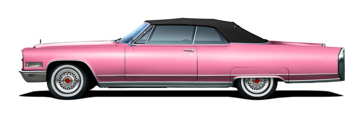 Large light pink vintage American convertible. Side view with black soft top. On a transparent background in png format.
