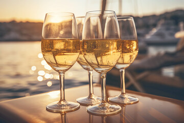 Obraz premium Sparkling champagne glasses at sunset on yacht. Generative AI illustration