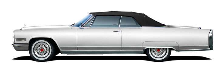 Large white vintage American convertible. Side view with black soft top. On a transparent background in png format.