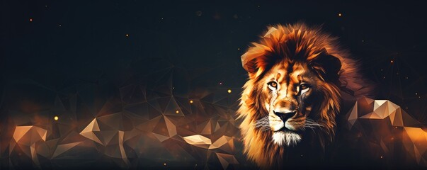 Lion king animal of nature with  dark golden background, nature panorama. Generative Ai. - obrazy, fototapety, plakaty