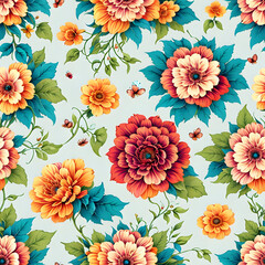 seamless colorful flower pattern , created using generative artificial intelligence