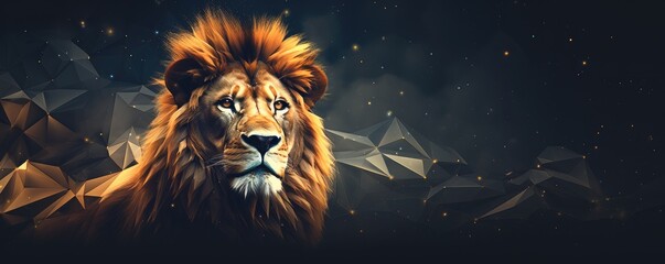Lion king animal of nature with  dark golden background, nature panorama. Generative Ai. - obrazy, fototapety, plakaty
