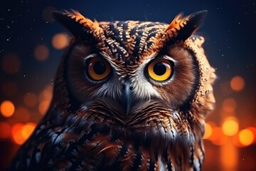 Owl night animal in wild nature with dark sunset background, wallpaper. Generative Ai. - obrazy, fototapety, plakaty