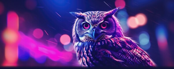 Owl night animal in wild nature with dark sunset background, panorama. Generative Ai. - obrazy, fototapety, plakaty
