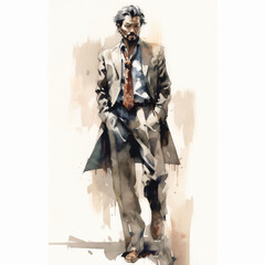 Fototapeta premium A watercolor of an asian man wearing a suit Generative Ai