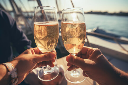 Male couple clinking sparkling wine glasses at sunset on a yacht. Generative AI illustration