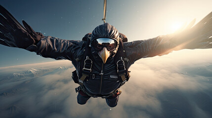 Eagle in skydiving gear free-falling from the sky. Generative AI