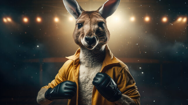 Kangaroo inside a boxing ring. Generative AI