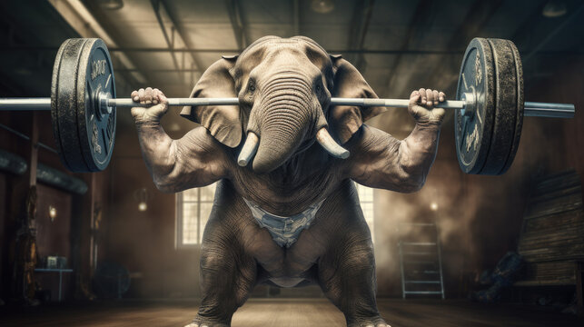 Elephant in weightlifting gear lifting heavy weights. Generative AI