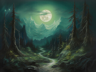 A path on a serene forest illuminated by the light of a full moon Generative Ai
