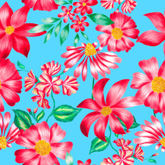 Watercolor flowers pattern, red tropical elements, green leaves, blue background, seamless